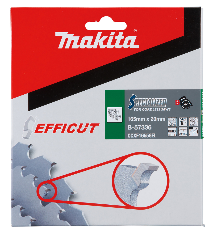 T.C.T hammastega saeketas puidu/MDF-i/laminaadi lõikamiseks 165X1.45X20mm 23° T56 EFFICUT – Makita
