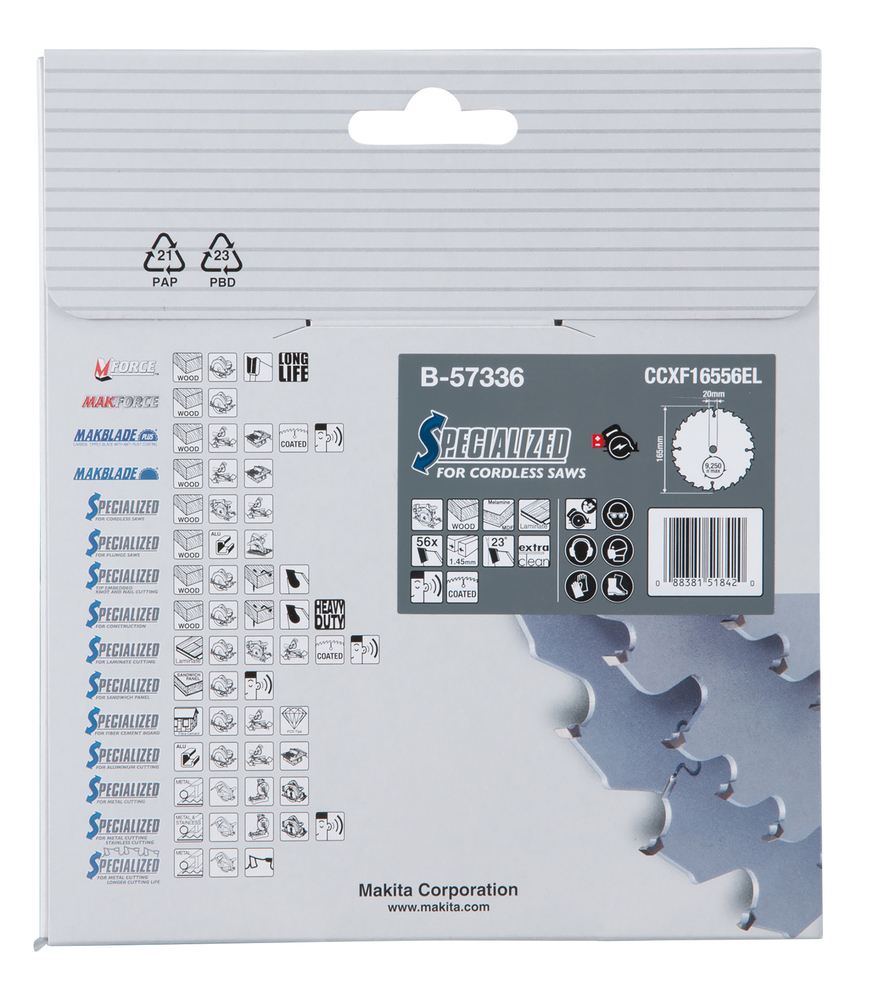 T.C.T hammastega saeketas puidu/MDF-i/laminaadi lõikamiseks 165X1.45X20mm 23° T56 EFFICUT – Makita