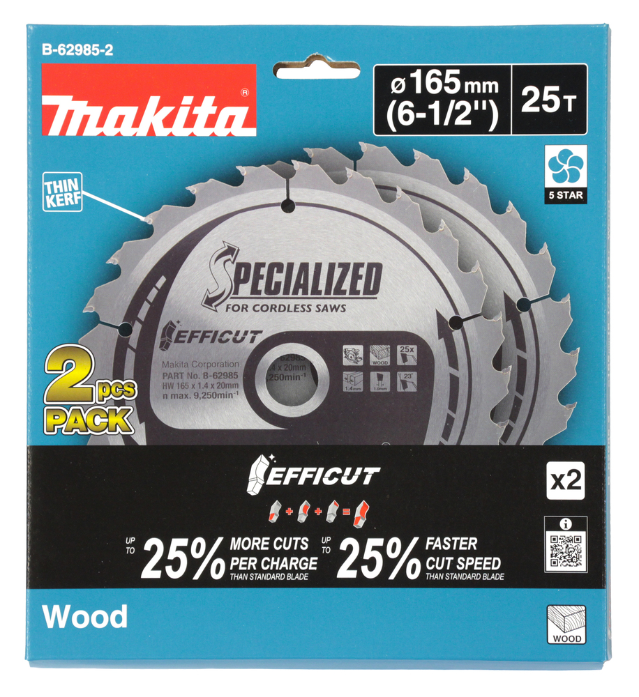 T.C.T hammastega saeketas puidu lõikamiseks 165X1.4X20mm 23° T25 EFFICUT 2 tk. – Makita