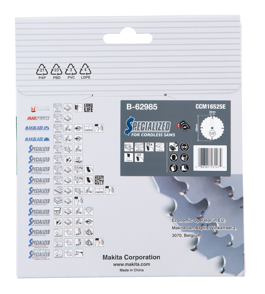 T.C.T hammastega saeketas puidu lõikamiseks 165X1.4X20mm 23° T25 EFFICUT – Makita
