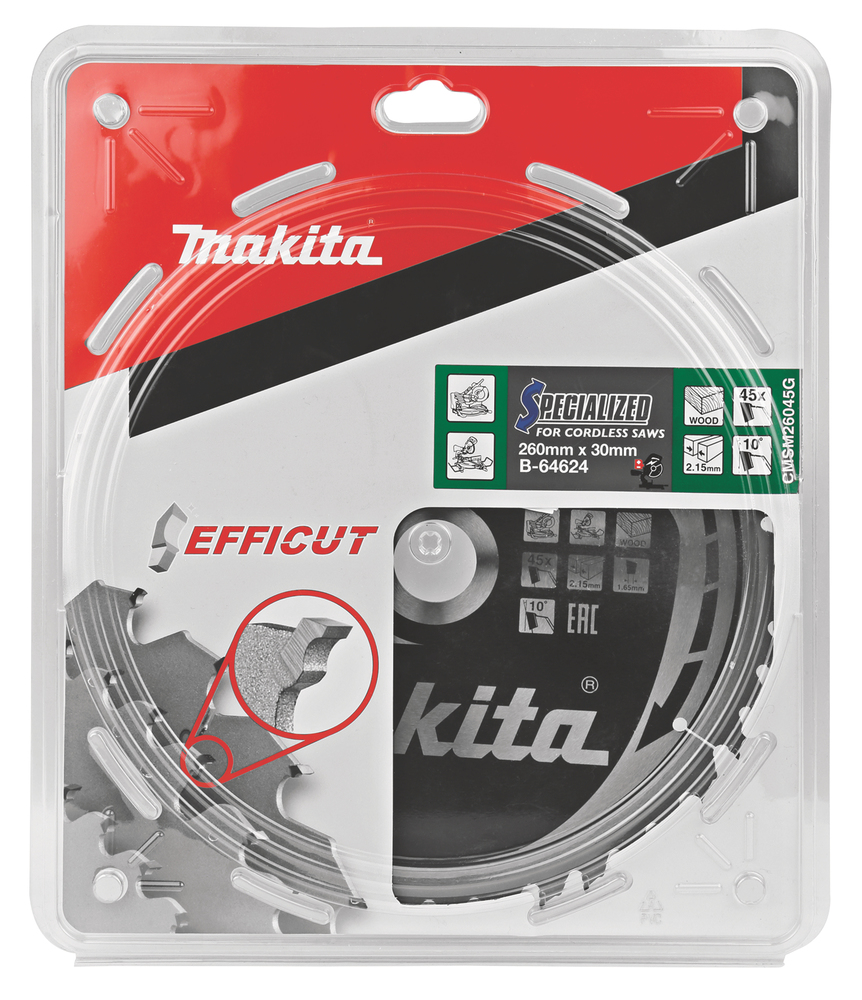 T.C.T hammastega saeketas puidu lõikamiseks 260X2.15X30mm 10° T45 EFFICUT – Makita