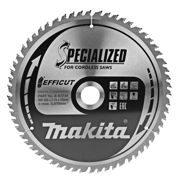 T.C.T hammastega saeketas puidu lõikamiseks 260X2.15X30mm 10° T60 EFFICUT – Makita