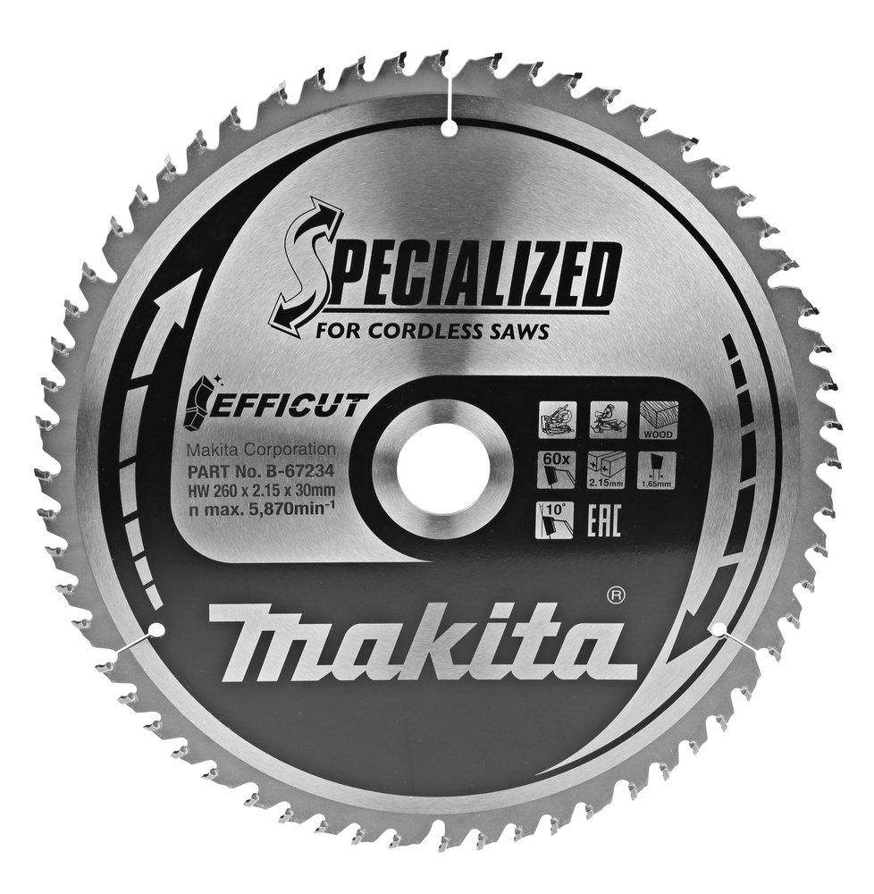 T.C.T hammastega saeketas puidu lõikamiseks 260X2.15X30mm 10° T60 EFFICUT – Makita