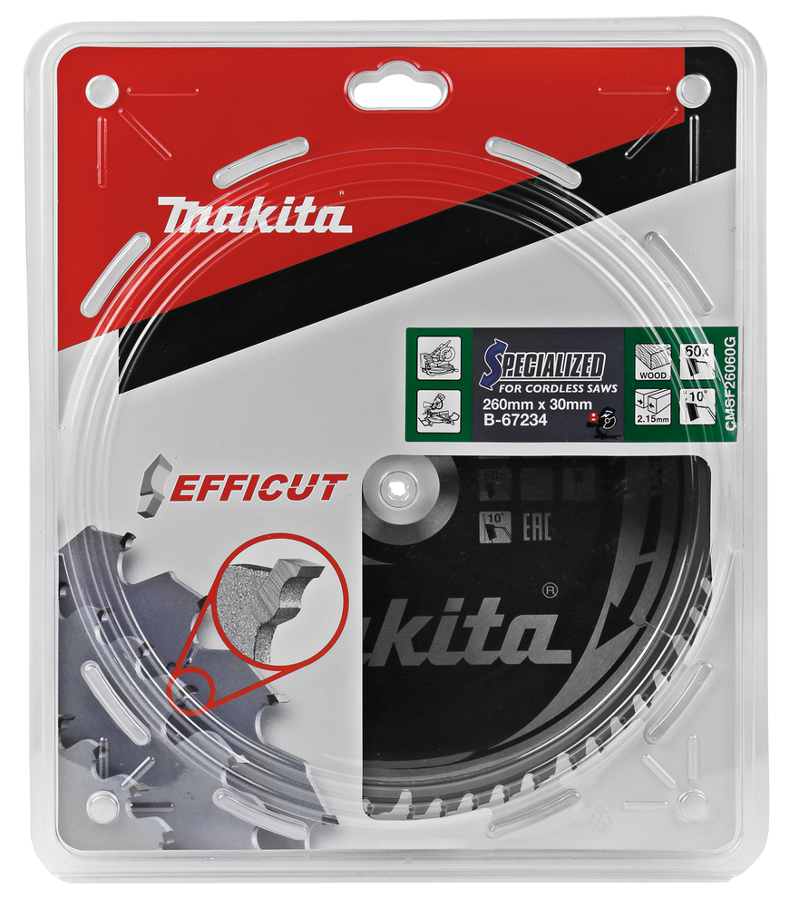 T.C.T hammastega saeketas puidu lõikamiseks 260X2.15X30mm 10° T60 EFFICUT – Makita