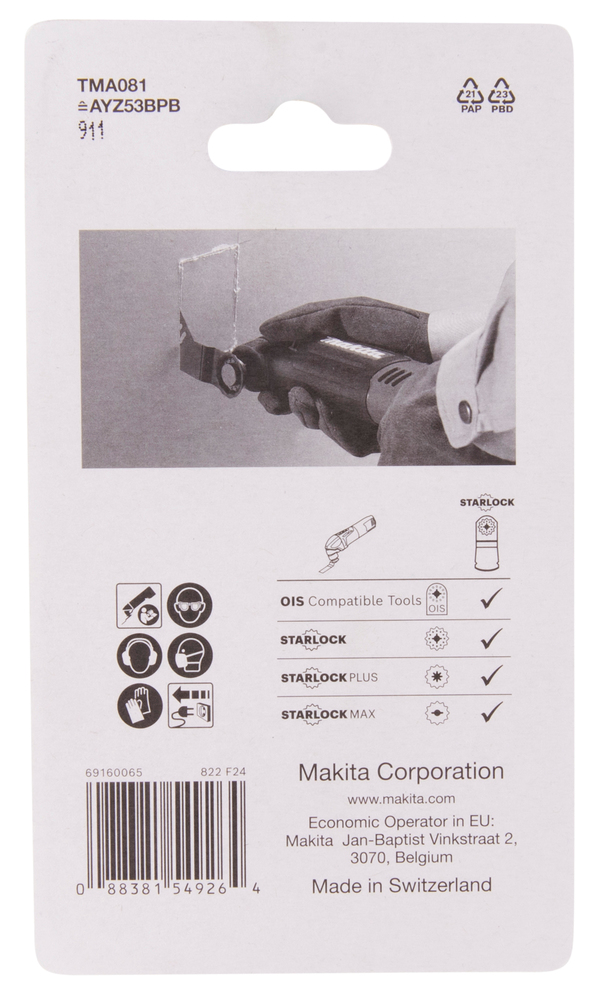 MULTITÖÖRIISTA RISTILÕIKAMISE SAETERA 53 TMA081, BIM, STARLOCK, kipsplaadile, klaasfiibrile, epoksiididele, alumiiniumile, roostevabale metallile – Makita
