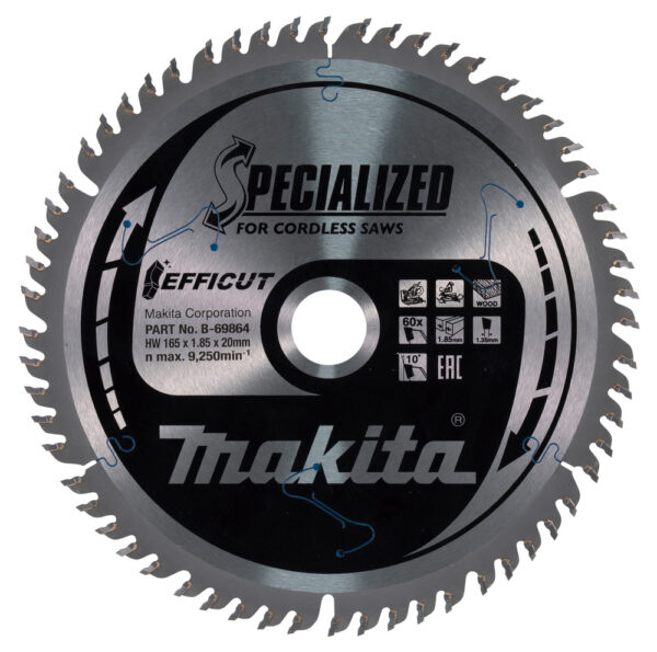 T.C.T hammastega saeketas puidu lõikamiseks 165X1.85X20mm 10° T60 EFFICUT – Makita