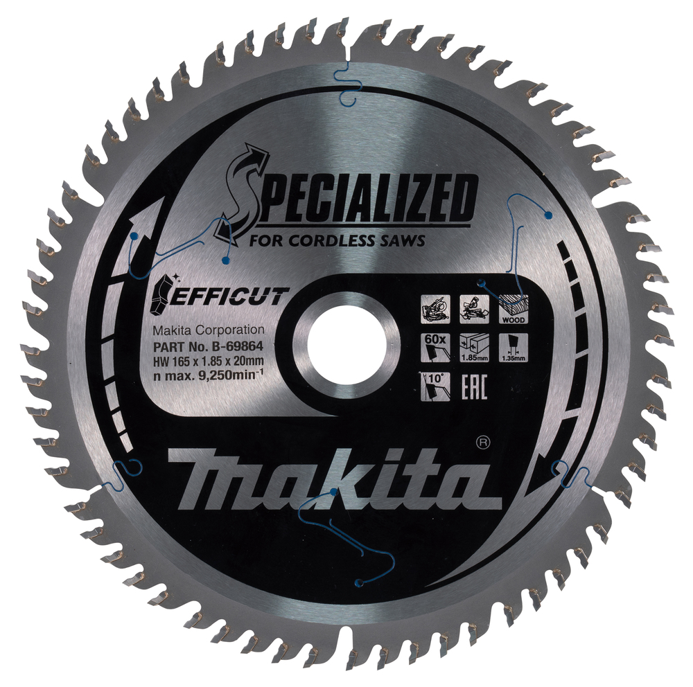 T.C.T hammastega saeketas puidu lõikamiseks 165X1.85X20mm 10° T60 EFFICUT – Makita