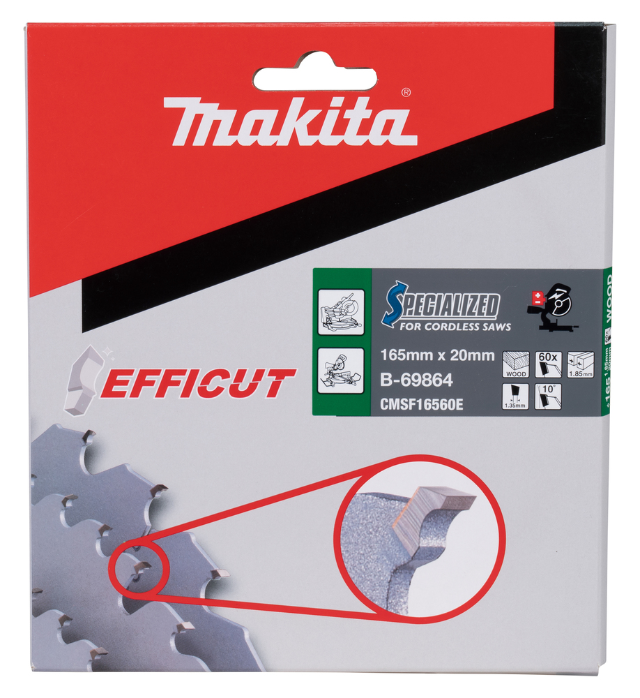 T.C.T hammastega saeketas puidu lõikamiseks 165X1.85X20mm 10° T60 EFFICUT – Makita