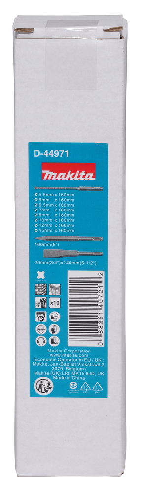 SDS-PLUS PUURIDE JA PIIGI; MEISLI KMPL. (5,5x160mm; 6x160mm; 6,5x160mm; 7x160mm; 8x160mm; 10x160mm; 12x160mm; 15x160mm ja piik 160mm ja meisel 20x140mm) – Makita