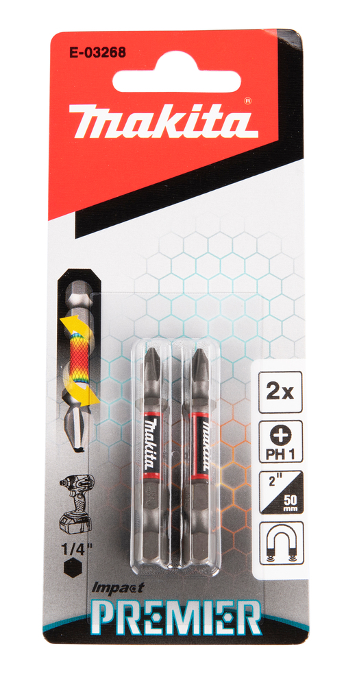 Torsion kruvikeeraja otsakud (E-form), PH1-50mm, 2tk. Impact Premier – Makita