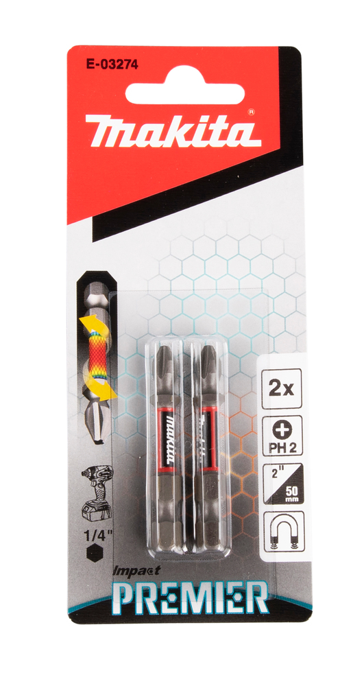 Torsion kruvikeeraja otsakud (E-form), PH2-50mm, 2tk. Impact Premier – Makita