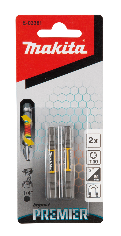 Torsion kruvikeeraja otsakud (E-form), T30-50mm, 2tk. Impact Premier – Makita