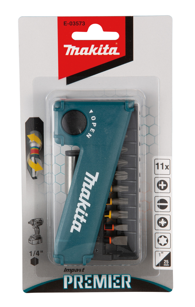 Impact Premier 11 Osaline torsion otsakute kmpl. (PH2,PZ1,2xPZ2,PZ3,T20,T25,T30,SL4,SL6, otsaku hoidik 50mm) – Makita