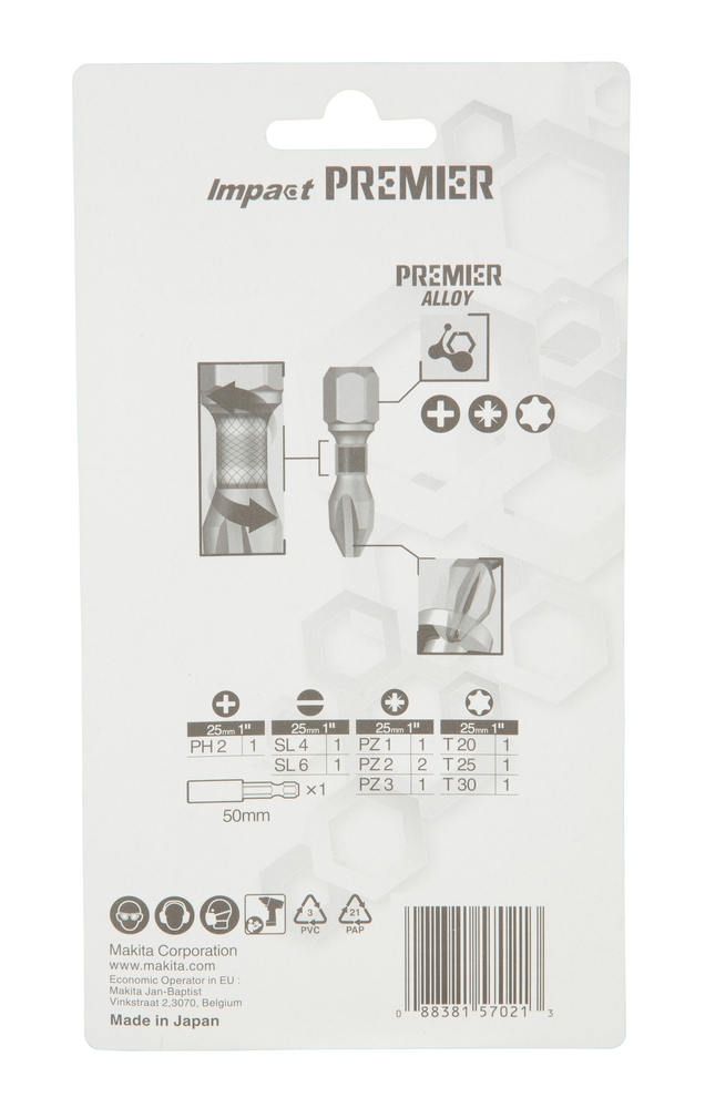 Impact Premier 11 Osaline torsion otsakute kmpl. (PH2,PZ1,2xPZ2,PZ3,T20,T25,T30,SL4,SL6, otsaku hoidik 50mm) – Makita
