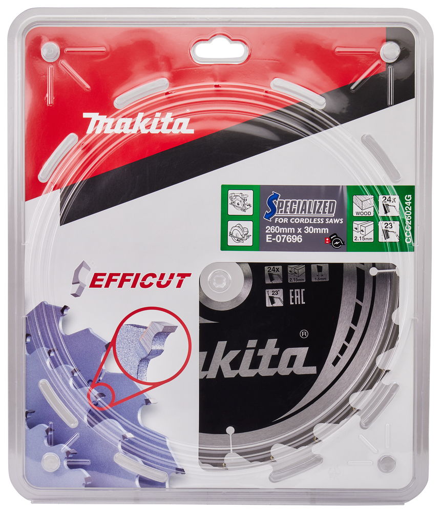 T.C.T hammastega saeketas puidu lõikamiseks 260X2.15X30mm 23° T24 EFFICUT – Makita