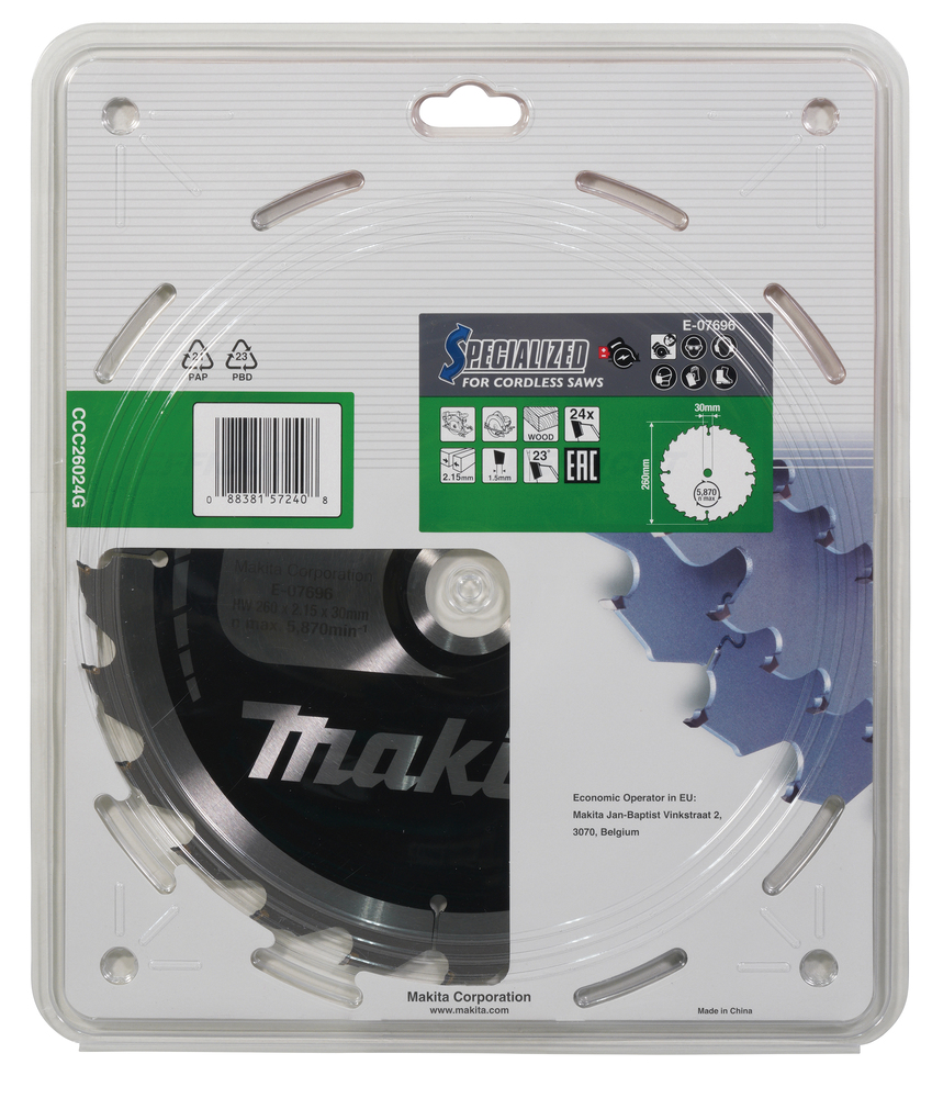T.C.T hammastega saeketas puidu lõikamiseks 260X2.15X30mm 23° T24 EFFICUT – Makita