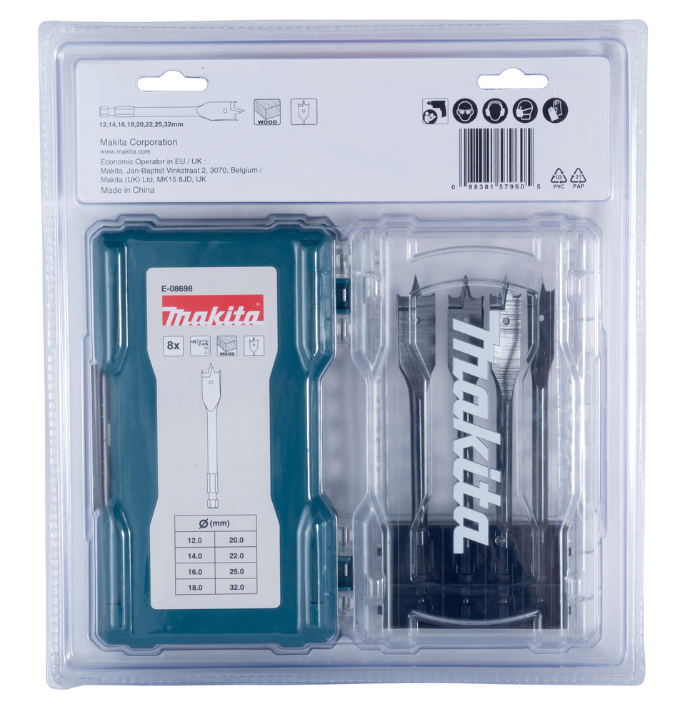 8 - osaline puidu puuride komplekt 12-32MM, (12, 14, 16, 18, 20, 22, 25, 32mm) – Makita