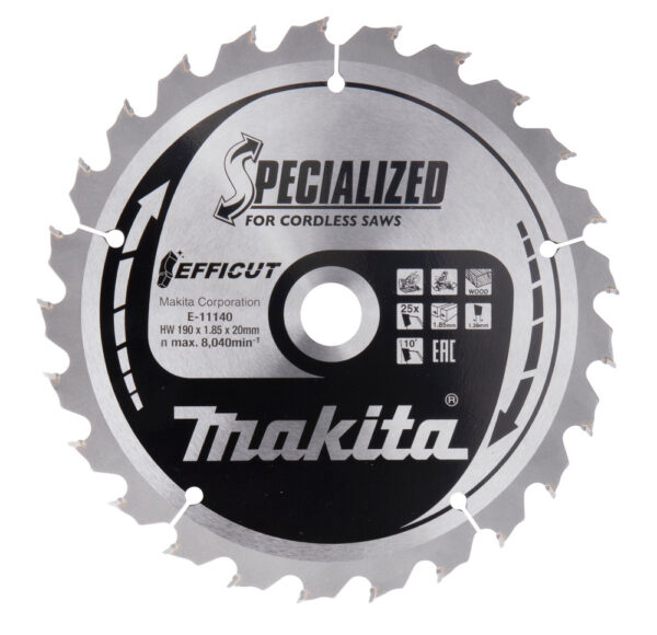 T.C.T hammastega saeketas puidu lõikamiseks 190X20X1,85mm 10° T25 EFFICUT – Makita