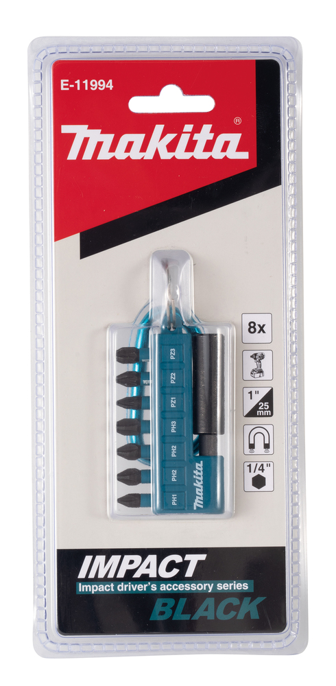 Kruvikeeraja otsakud, 8tk PH1/2XPH2/PH3/PZ1/PZ2/PZ3 (25mm) magnethoidik, IMPACT BLACK – Makita