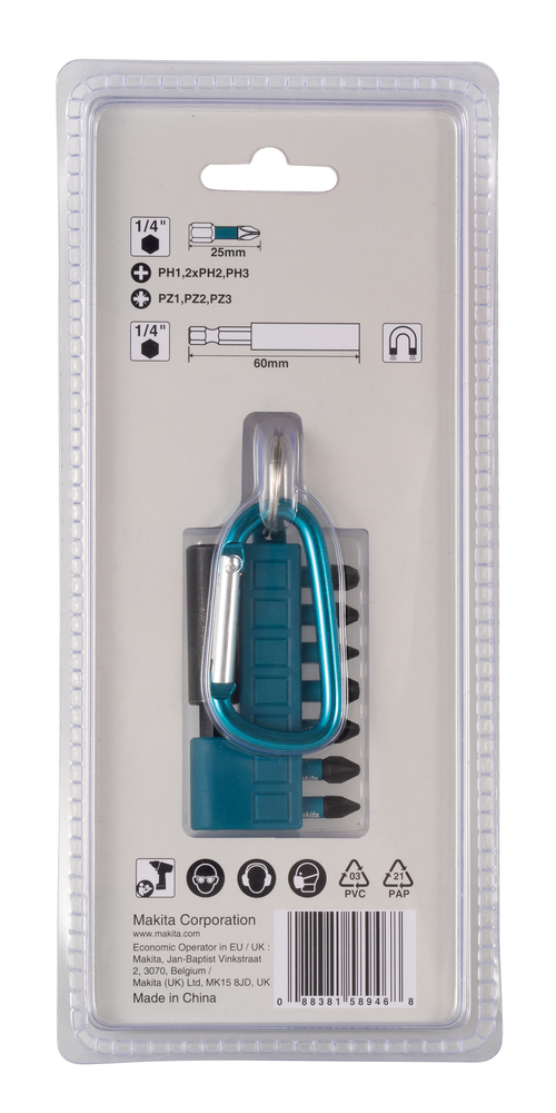 Kruvikeeraja otsakud, 8tk PH1/2XPH2/PH3/PZ1/PZ2/PZ3 (25mm) magnethoidik, IMPACT BLACK – Makita