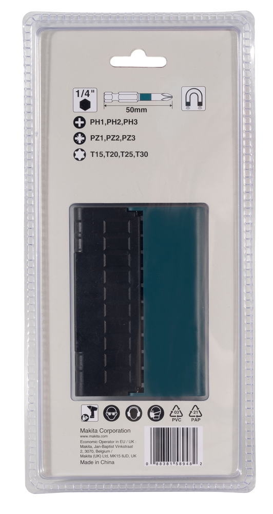 Kruvikeeraja otsakud, 10tk, PH1/PH2/PH3/PZ1/PZ2/PZ3/T15/T20/T25/T30 (50mm), IMPACT BLACK – Makita