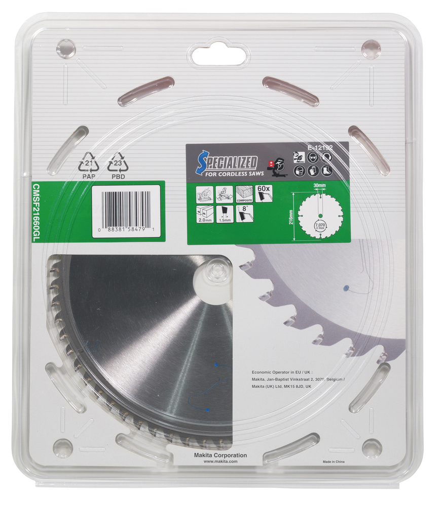 T.C.T hammastega saeketas Komposiit materjalile, 216X2.0X30mm 15° T60 EFFICUT – Makita