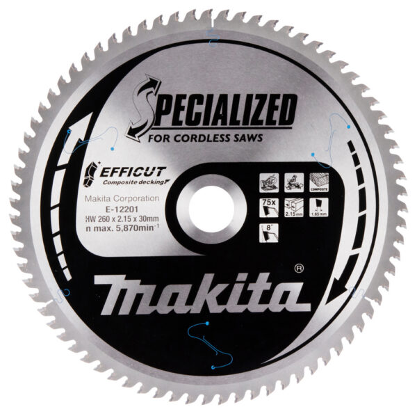 T.C.T hammastega saeketas Komposiit materjalile, 260X2.15X30mm 15° T75 EFFICUT – Makita