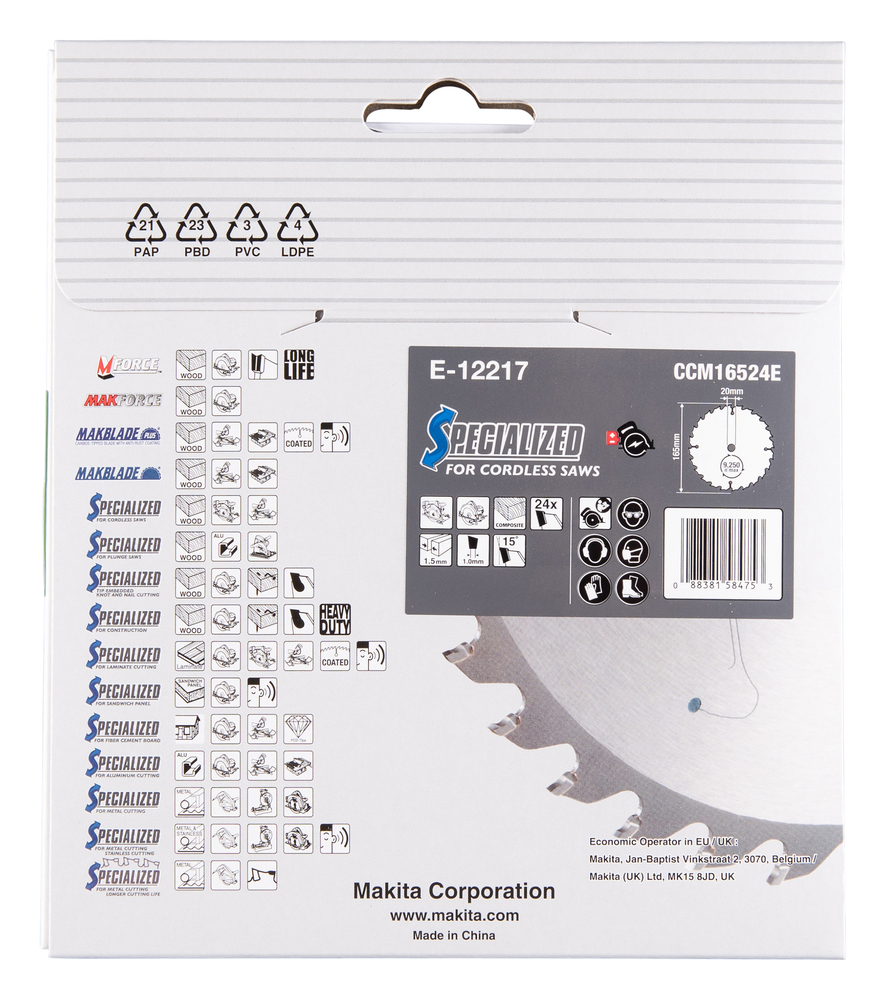TCT saeketas Komposiit materjalile, 165X1.5X20mm 15° T24 EFFICUT – Makita