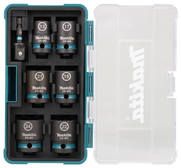 LÖÖKPADRUNITE KMPL. 7-OSALINE 1/2'' x 38mm (13, 17, 19, 21, 22, 24mm) +Padruni adapter 1/2"x50mm – Makita