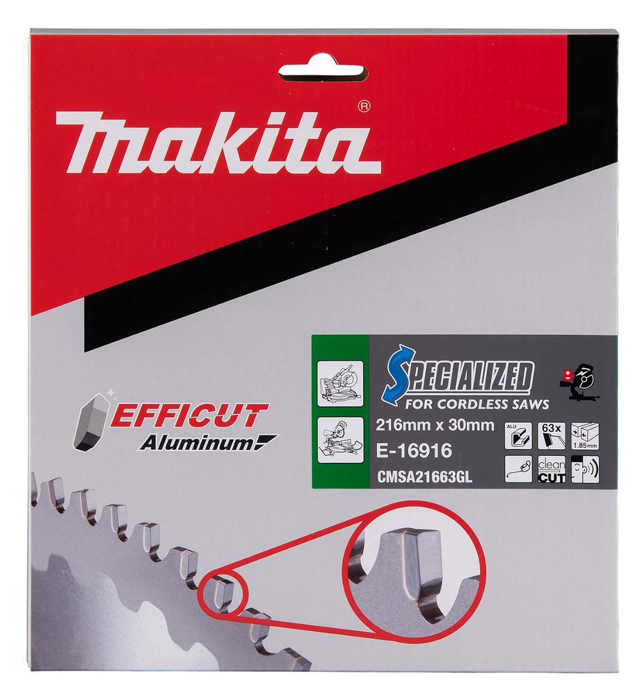 T.C.T hammastega saeketas alumiiniumi lõikamiseks 216 x 1,85x30 mm, 0°, 63T, EFFICUT – Makita