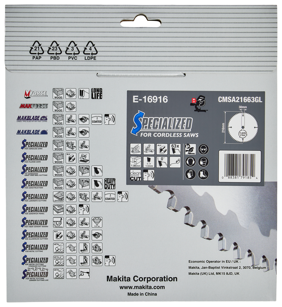 T.C.T hammastega saeketas alumiiniumi lõikamiseks 216 x 1,85x30 mm, 0°, 63T, EFFICUT – Makita