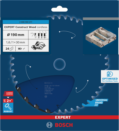 Saeketas ehituspuidule Expert Construct Wood 190x30x1.6/1 24T Bosch Professional – Bosch Professional