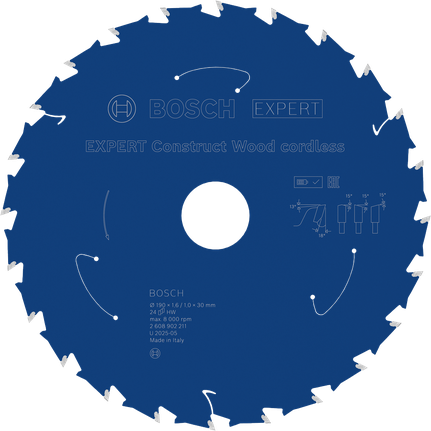 Saeketas ehituspuidule Expert Construct Wood 190x30x1.6/1 24T Bosch Professional – Bosch Professional