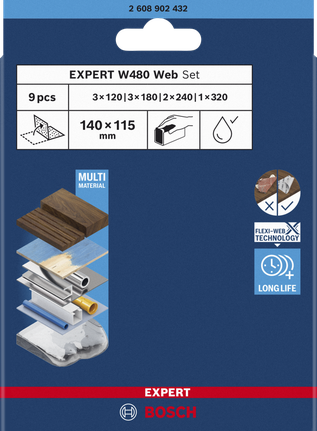 Bosch EXPERT W480 Web 1/4 käsilihvimise lihvpaberi komplekt, 115 x 140 mm, G120 (3x); G180 (3x); G240 (2x); G320 (1x), 9 tk – Bosch EXPERT