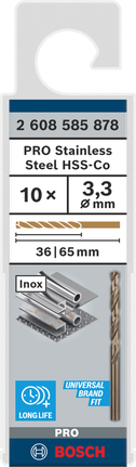 Keerdpuur PRO Stainless Steel HSS-Co, 3,3 × 36 × 65 mm, 10 tk Bosch Professional – Bosch Professional
