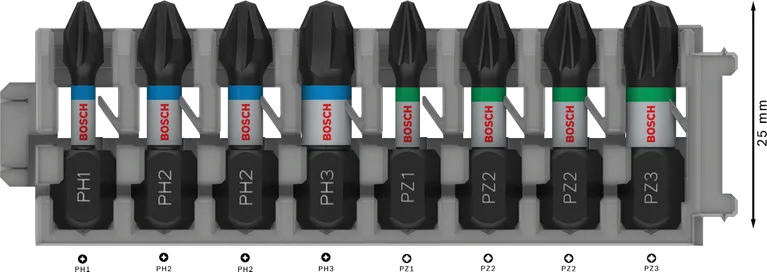 Kruviotsakute komplekt PRO Impact, PH1; PH2 (x2); PH3; PZ1; PZ2 (x2); PZ3, 25 mm, 8 tk Bosch Professional – Bosch Professional