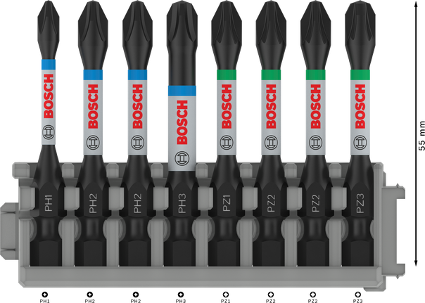 Kruviotsakute komplekt PRO Impact, PH1; PH2 (x2); PH3; PZ1; PZ2 (x2); PZ3, 55 mm, 8 tk Bosch Professional – Bosch Professional