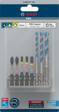 Kruviotsakute komplekt Impact Set puuriga Multi Construction ja indeksiga Pick and Click, PH2 × 50 mm, PZ2 × 50 mm, T20 × 50 mm, T25 × 50 mm, T30 × 50 mm, MC 5/6/8 × 50 mm, 8 tk Bosch Professional – Bosch Professional