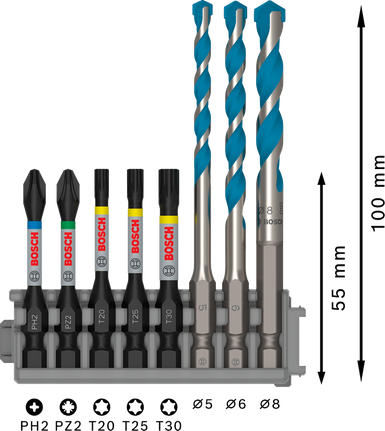 Kruviotsakute komplekt Impact Set puuriga Multi Construction ja indeksiga Pick and Click, PH2 × 50 mm, PZ2 × 50 mm, T20 × 50 mm, T25 × 50 mm, T30 × 50 mm, MC 5/6/8 × 50 mm, 8 tk Bosch Professional – Bosch Professional