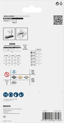 Kruviotsakute komplekt Impact Set puuriga Multi Construction ja indeksiga Pick and Click, PH2 × 50 mm, PZ2 × 50 mm, T20 × 50 mm, T25 × 50 mm, T30 × 50 mm, MC 5/6/8 × 50 mm, 8 tk Bosch Professional – Bosch Professional