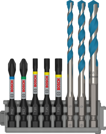 Kruviotsakute komplekt Impact Set puuriga Multi Construction ja indeksiga Pick and Click, PH2 × 50 mm, PZ2 × 50 mm, T20 × 50 mm, T25 × 50 mm, T30 × 50 mm, MC 5/6/8 × 50 mm, 8 tk Bosch Professional – Bosch Professional