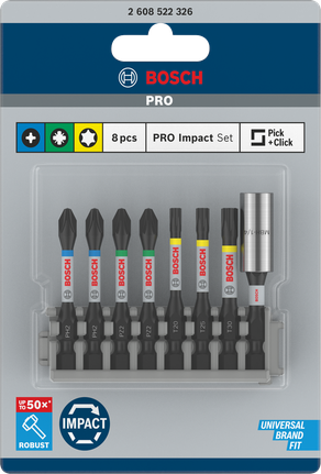 Kruviotsakute komplekt Impact Set tavalise otsakuhoidja ja Pick and Click indeksiga, PH2(2×), PZ2(2×), T20, T25, T30, BH, 8 tk Bosch Professional – Bosch Professional
