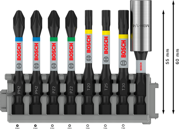 Kruviotsakute komplekt Impact Set tavalise otsakuhoidja ja Pick and Click indeksiga, PH2(2×), PZ2(2×), T20, T25, T30, BH, 8 tk Bosch Professional – Bosch Professional