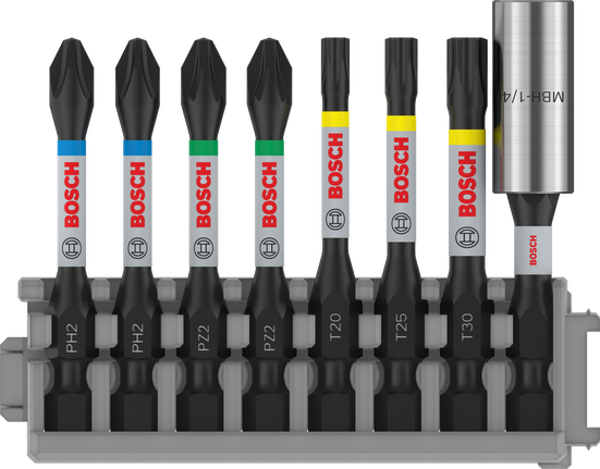 Kruviotsakute komplekt Impact Set tavalise otsakuhoidja ja Pick and Click indeksiga, PH2(2×), PZ2(2×), T20, T25, T30, BH, 8 tk Bosch Professional – Bosch Professional