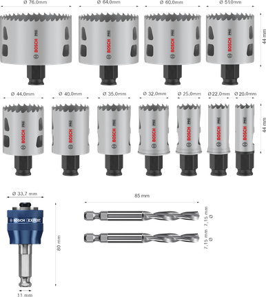 Bosch Professional Multi Material PC Plus augusae komplekt, 14 tk, läbimõõt 20; 22; 25; 32; 35; 40; 44; 51; 60; 64; 76 mm – Bosch Professional