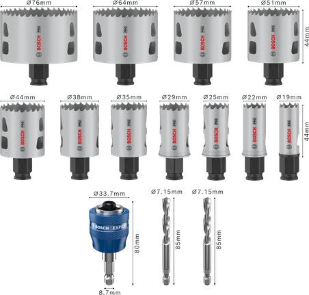 Bosch Professional Multi Material PC Plus augusae komplekt, 14 tk, läbimõõt 19; 22; 25; 29; 35; 38; 44; 51; 57; 64; 76 mm – Bosch Professional