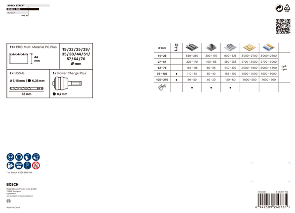 Bosch Professional Multi Material PC Plus augusae komplekt, 14 tk, läbimõõt 19; 22; 25; 29; 35; 38; 44; 51; 57; 64; 76 mm – Bosch Professional