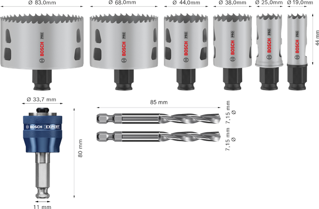 Bosch Professional Multi Material PC Plus augusae komplekt, 9 tk, läbimõõt 19; 25; 38; 44; 68; 83 mm, tööpikkus 44 mm – Bosch Professional