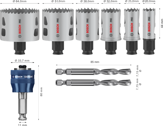 Bosch Professional Multi Material PC Plus augusae komplekt, 9 tk, läbimõõt 20; 25; 32; 38; 51; 64 mm, tööpikkus 44 mm – Bosch Professional