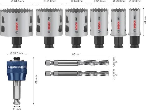 Bosch Professional Multi Material PC Plus augusae komplekt, 9 tk, läbimõõt 22; 29; 35; 44; 51; 64 mm, tööpikkus 44 mm – Bosch Professional